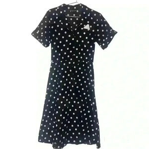 Vintage Stuart Alan short sleeve a-line black polka dot pocket midi dress
